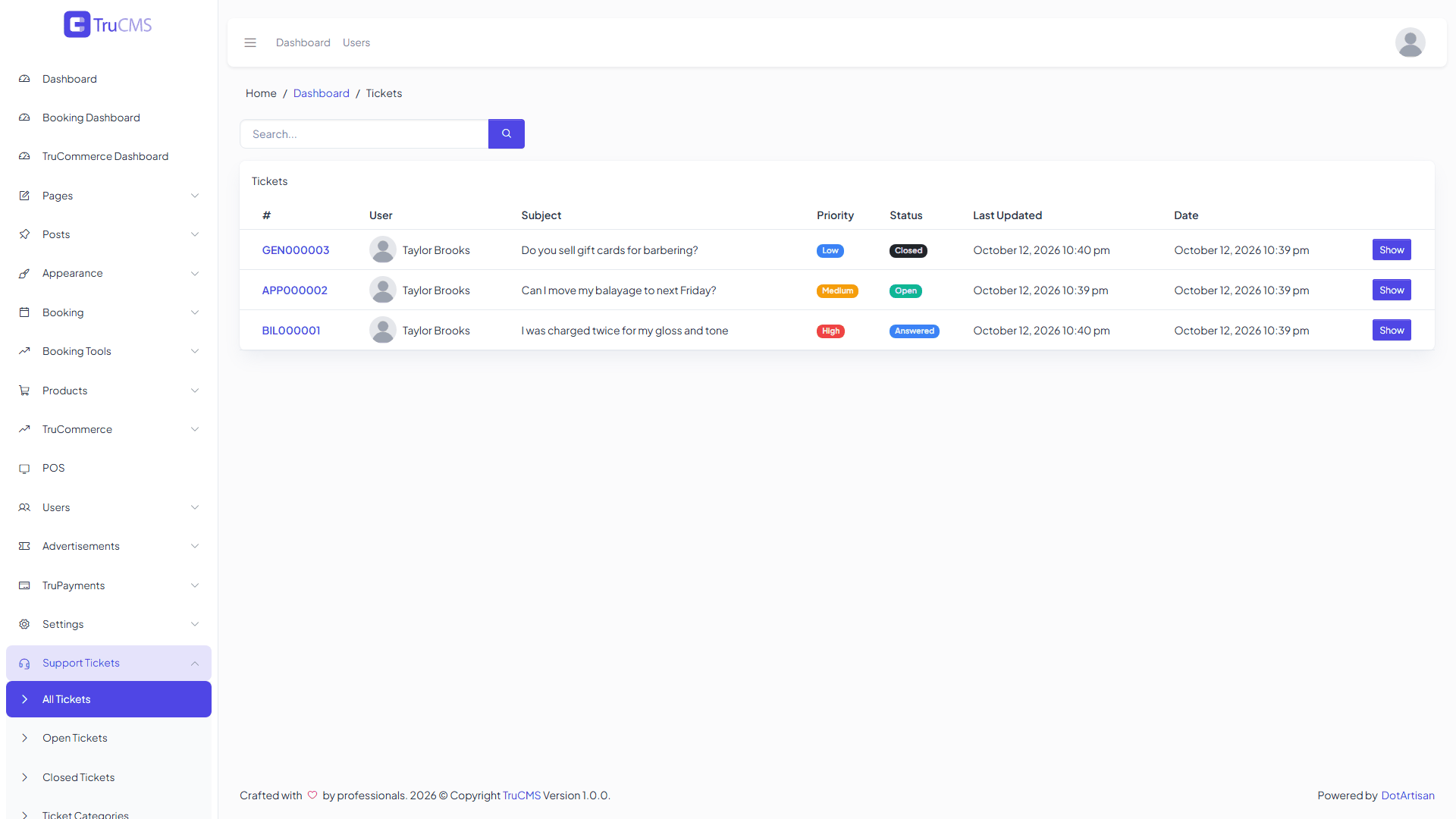 The admin Tickets list with ticket numbers, users, subjects, priorities, statuses and Show buttons