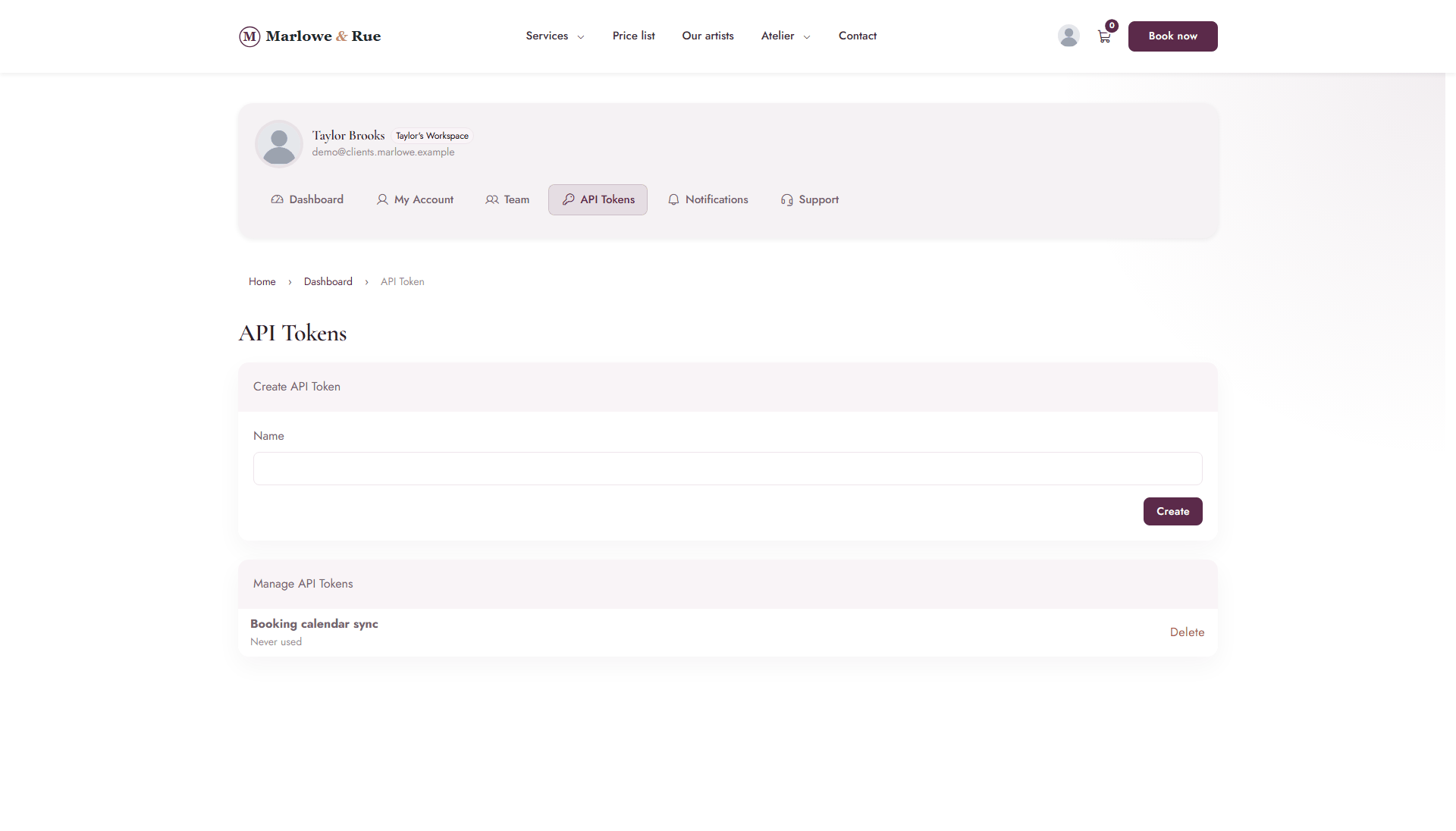 The API Tokens page with a Create API Token form and a list of existing tokens