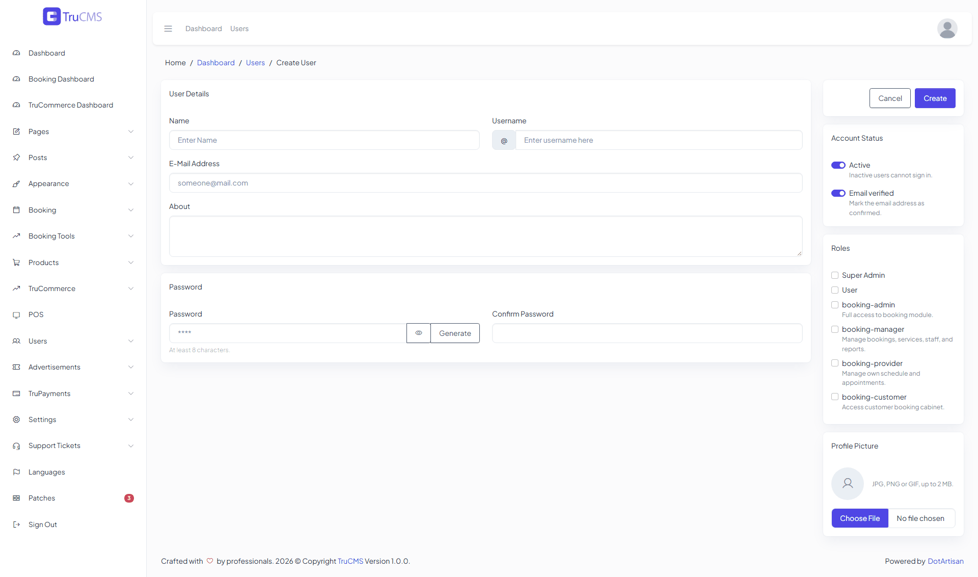 The Create User form with details, password, account status, roles and profile picture