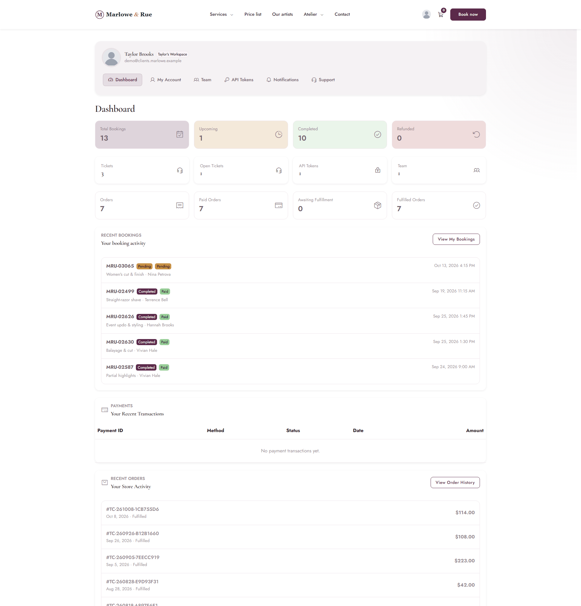 The My Account dashboard of a customer showing booking, ticket, order and payment summaries