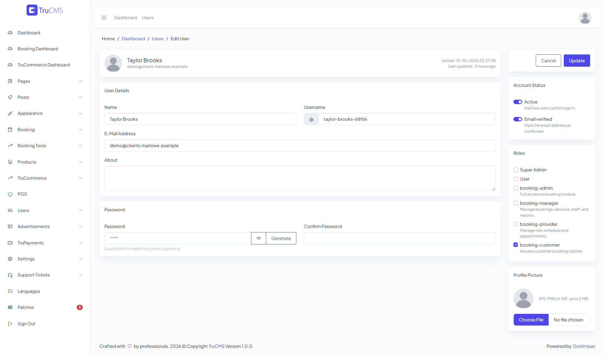 The Edit User form of an existing customer