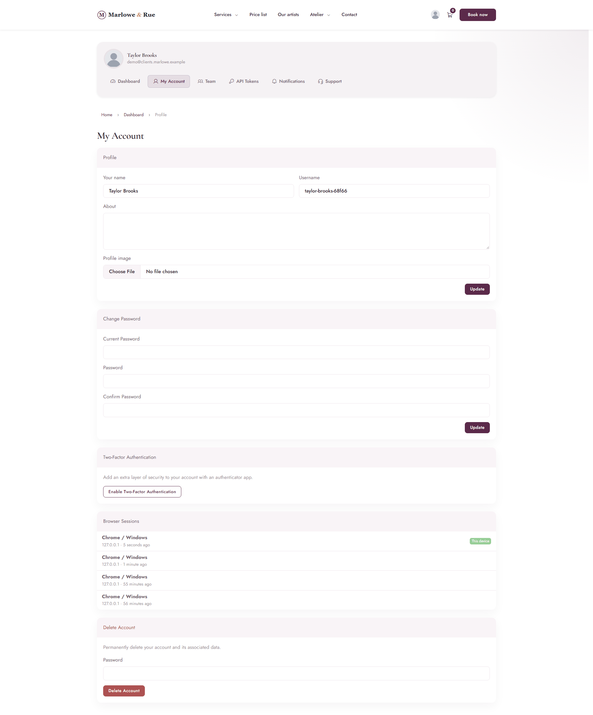 The My Account page with profile, change password, two-factor authentication, browser sessions and delete account sections