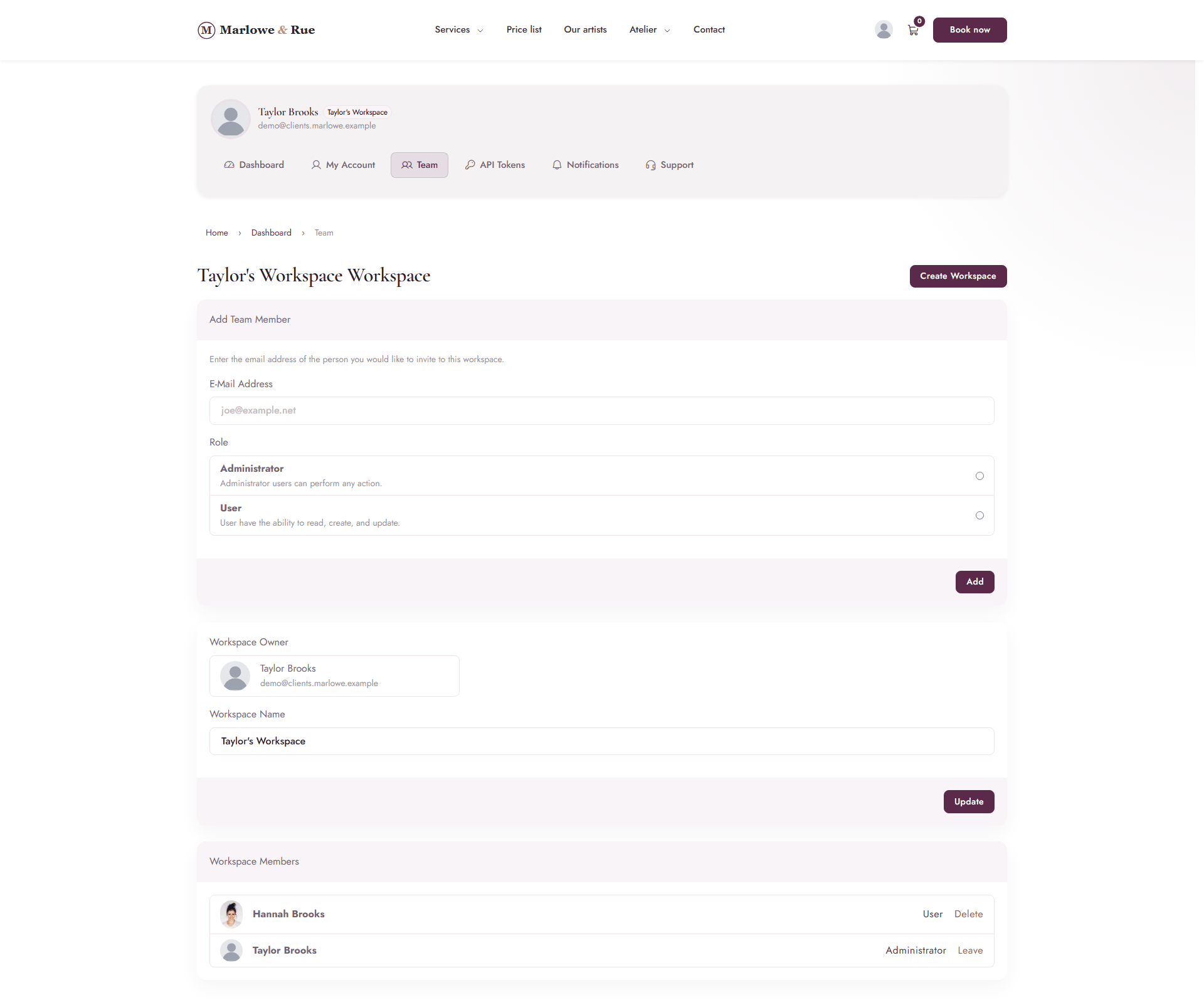 The Team page showing the workspace name, an invite form and the member list
