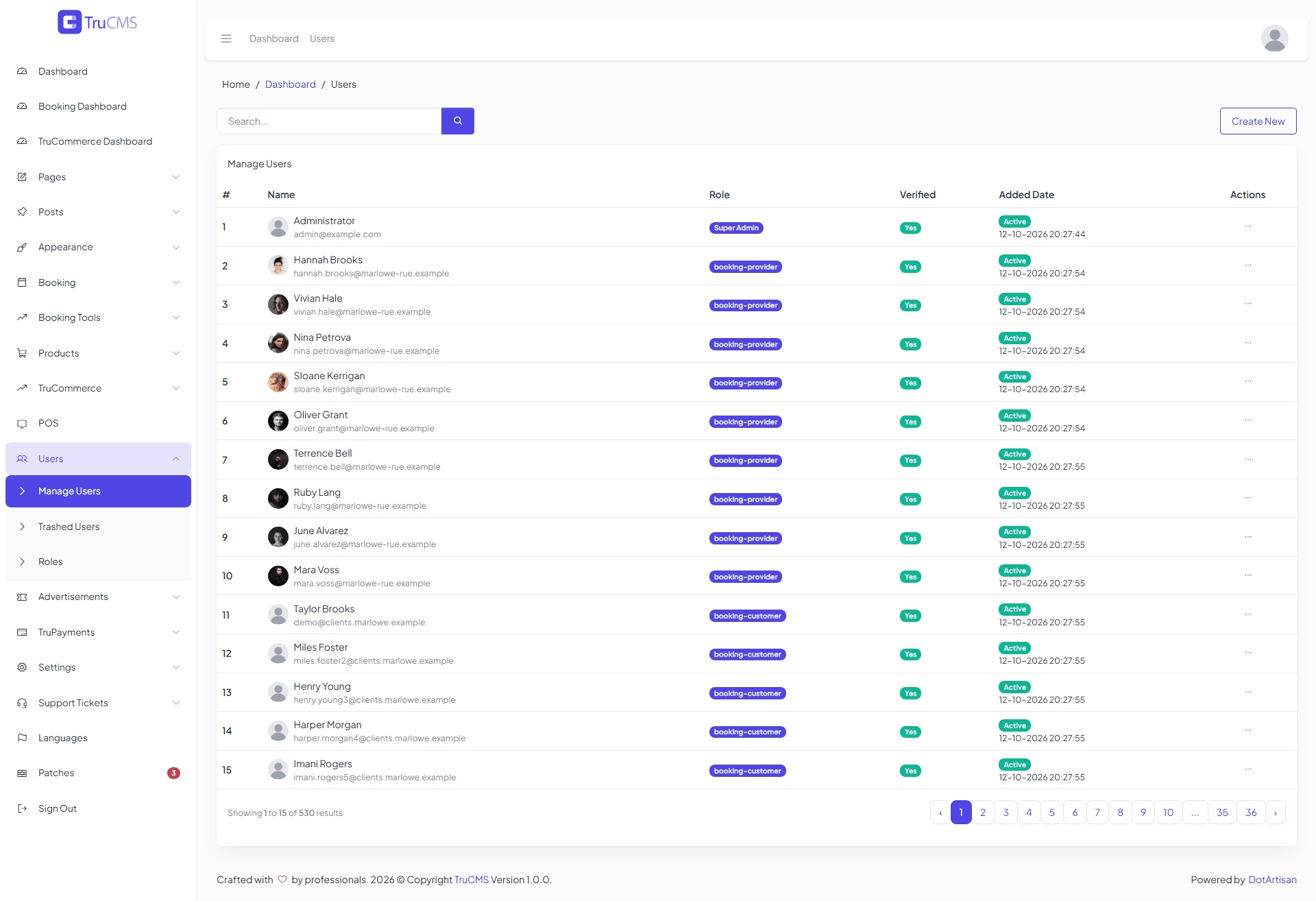 The Manage Users list with names, roles, verification, added dates and actions