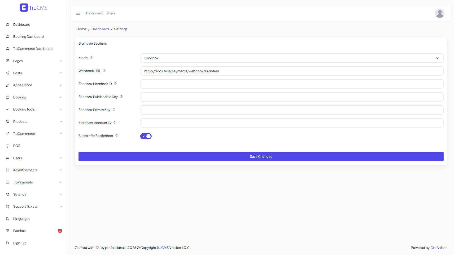Braintree gateway settings in TruCMS with sensitive credential values hidden