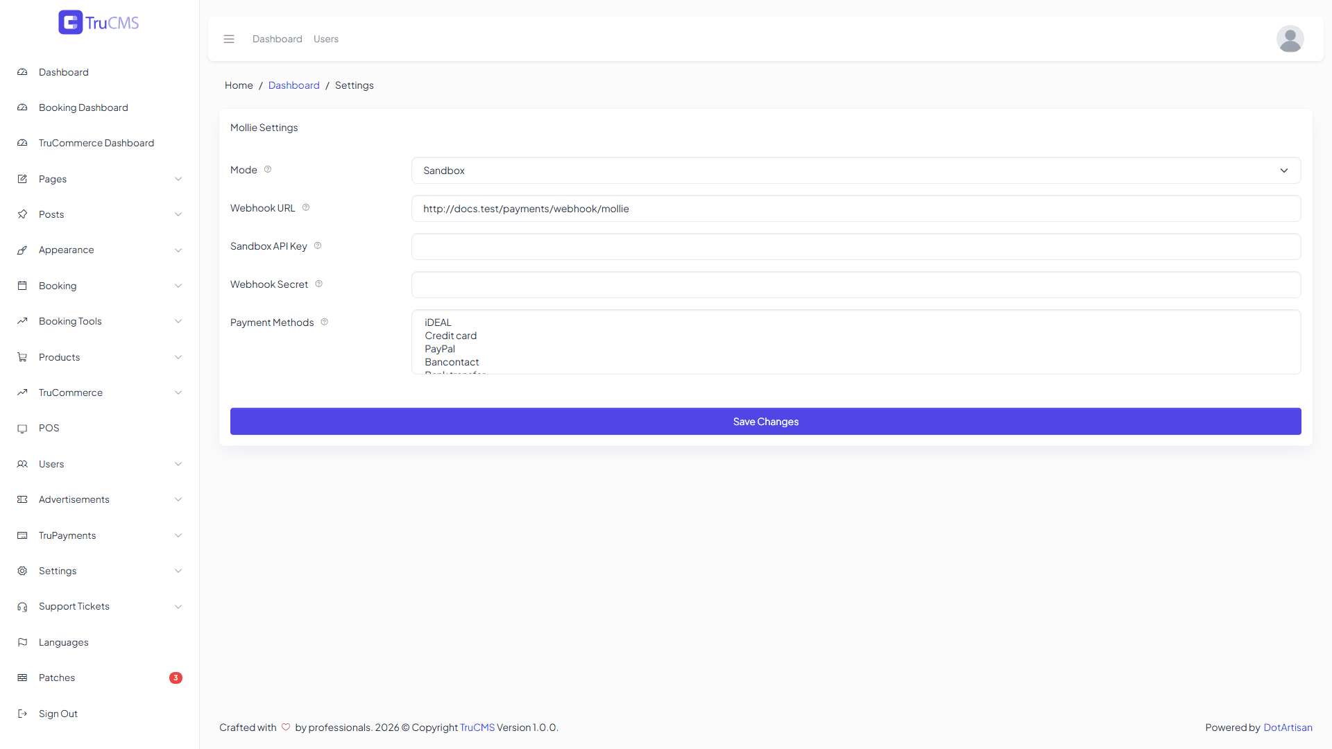 Mollie gateway settings in TruCMS with sensitive credential values hidden