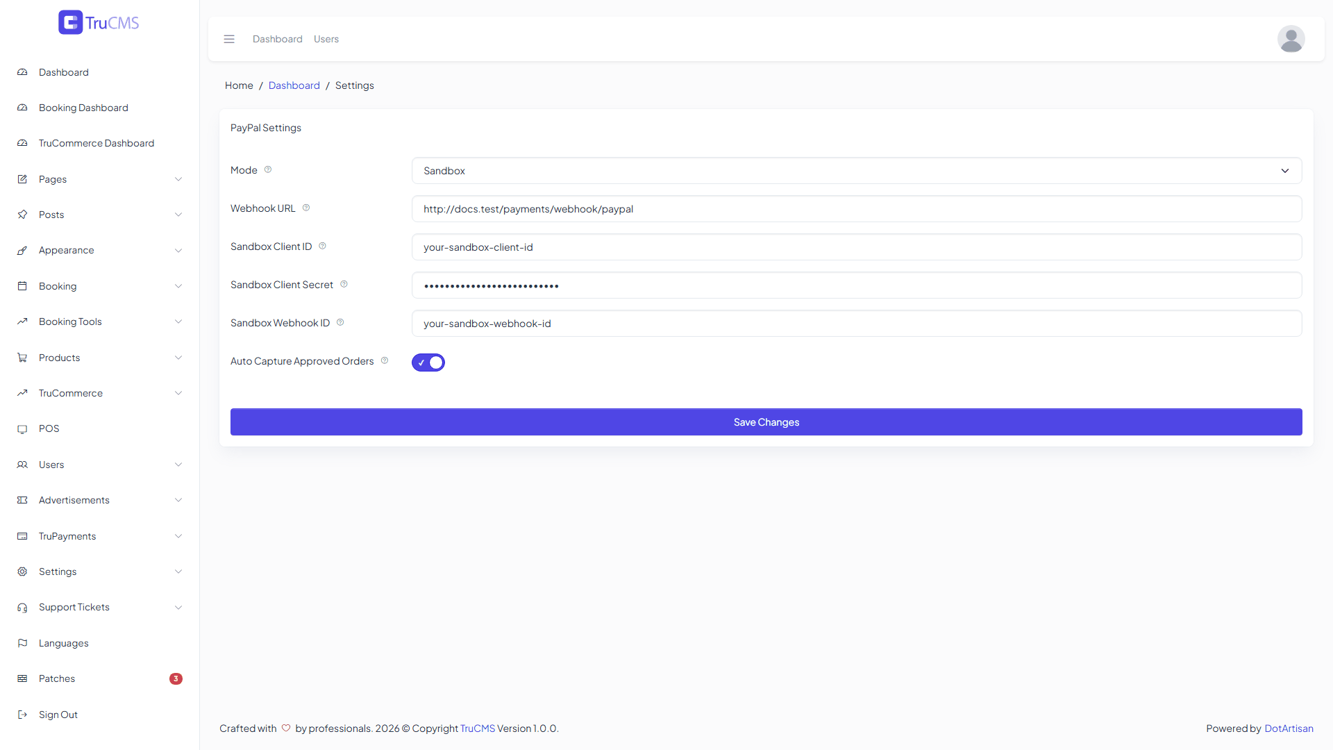 PayPal gateway settings in TruCMS with sensitive credential values hidden