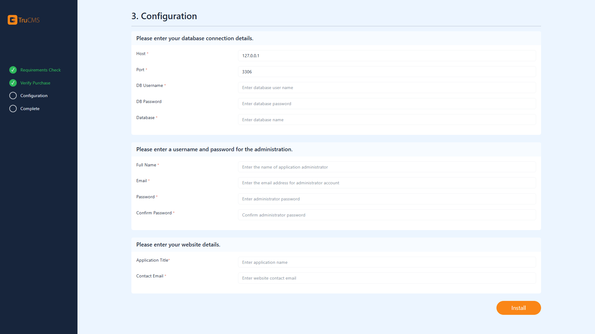 TruCMS installer Configuration screen
