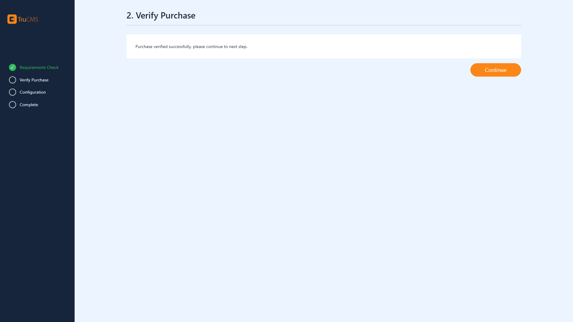 TruCMS installer Verify Purchase screen