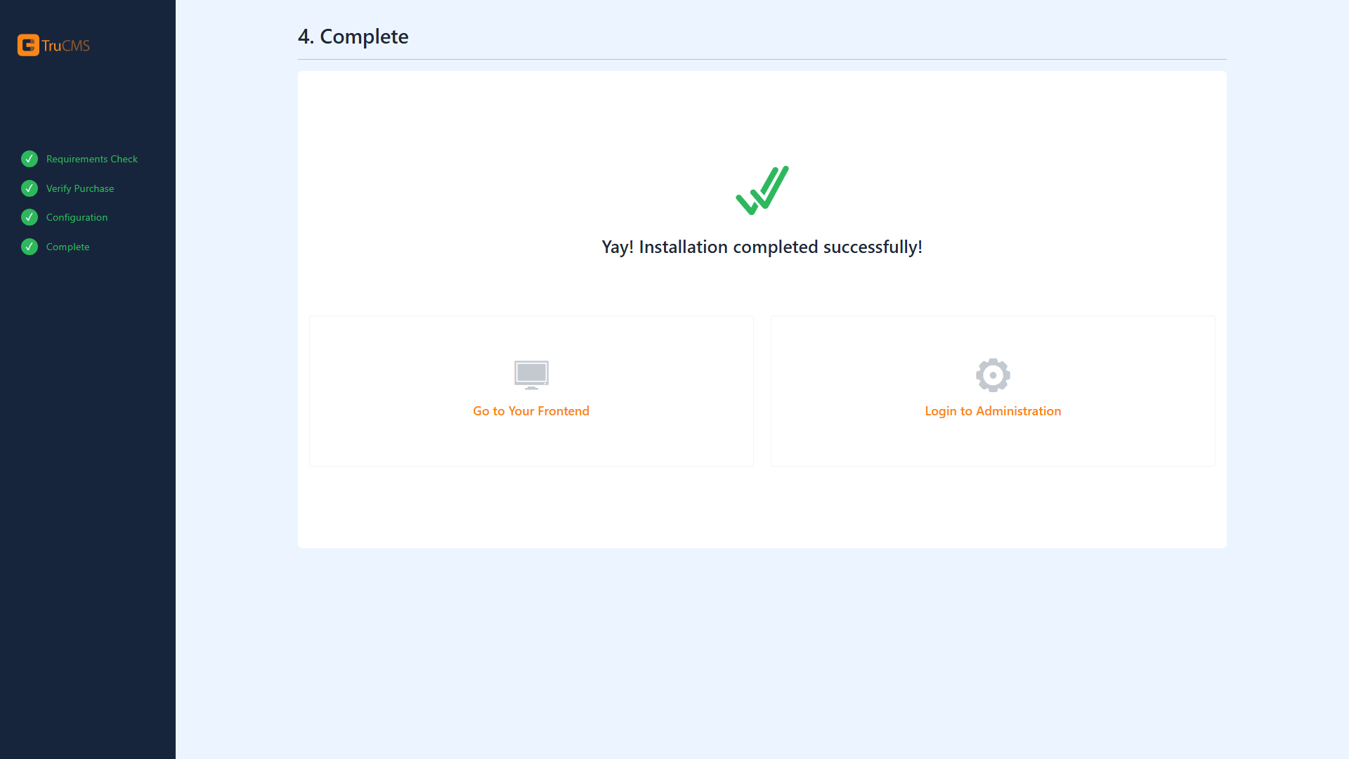 TruCMS installer completion screen