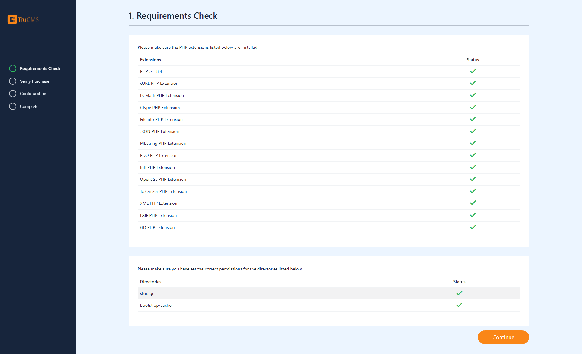 TruCMS installer Requirements Check screen