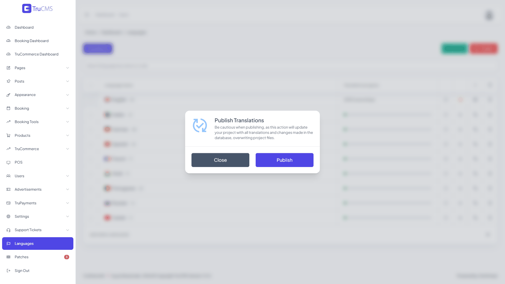 The Publish Translations confirmation window