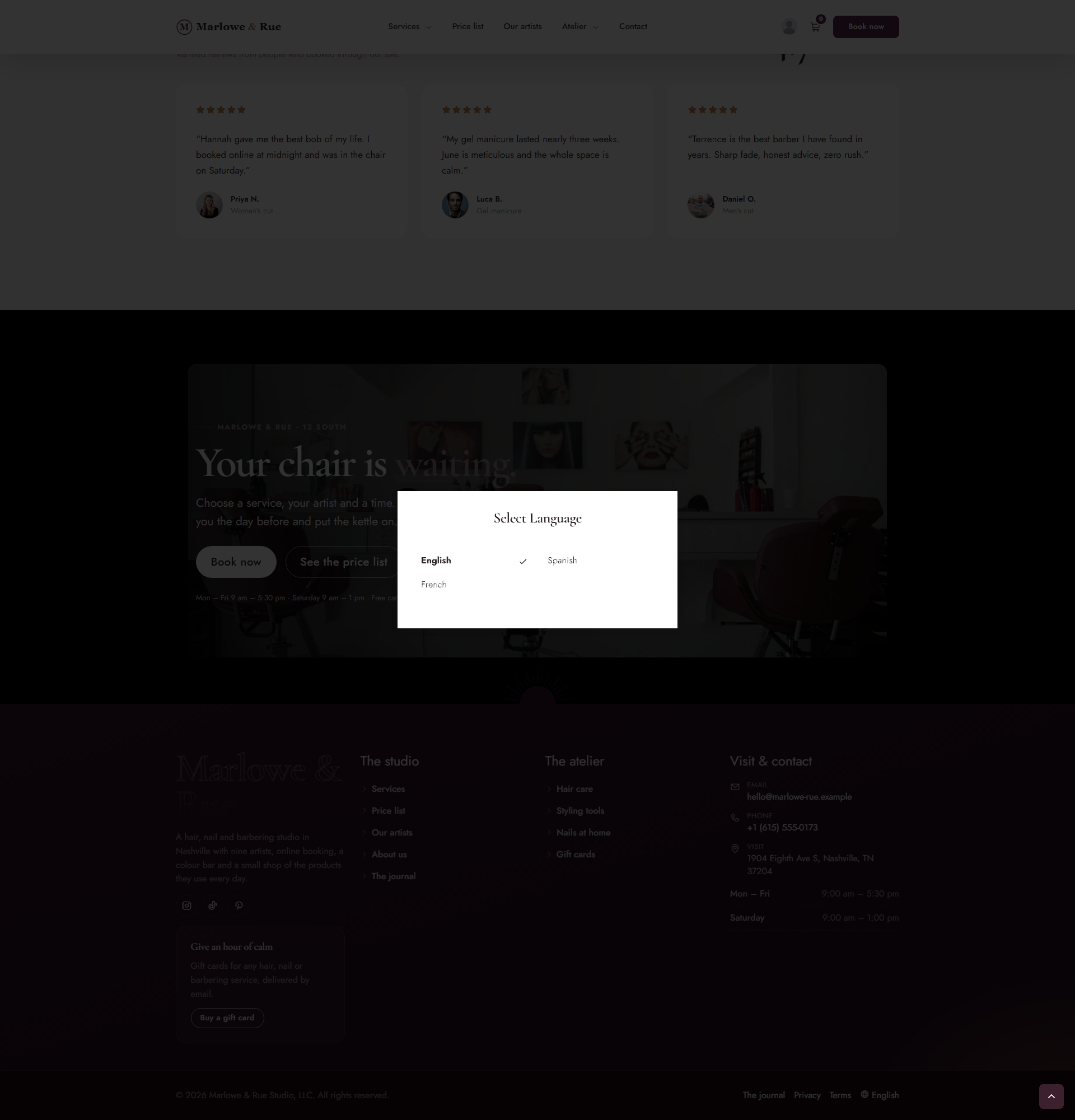 The Select Language window on the public site listing English, Spanish and French