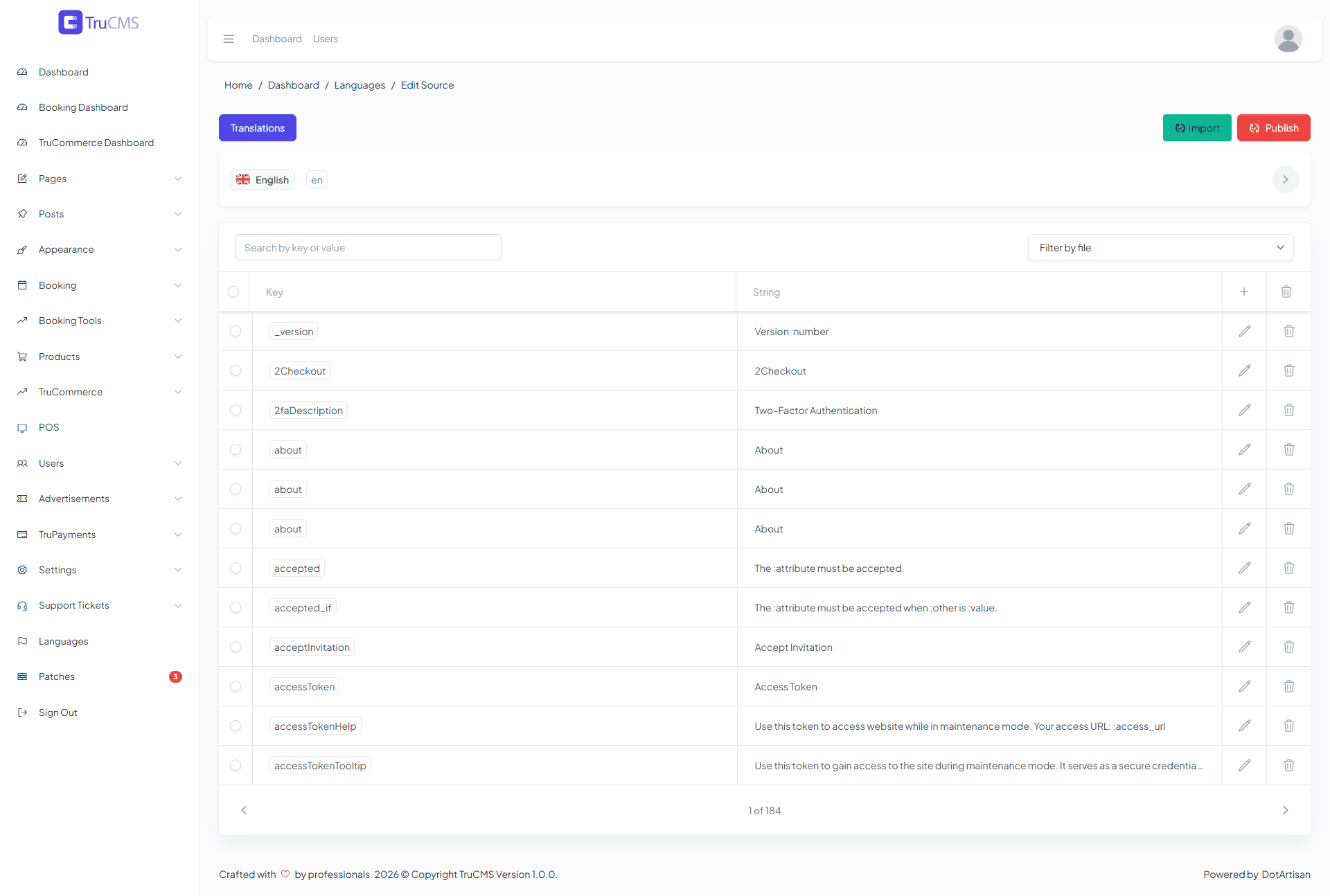The Edit Source screen listing translation keys and their English strings with search and file filter
