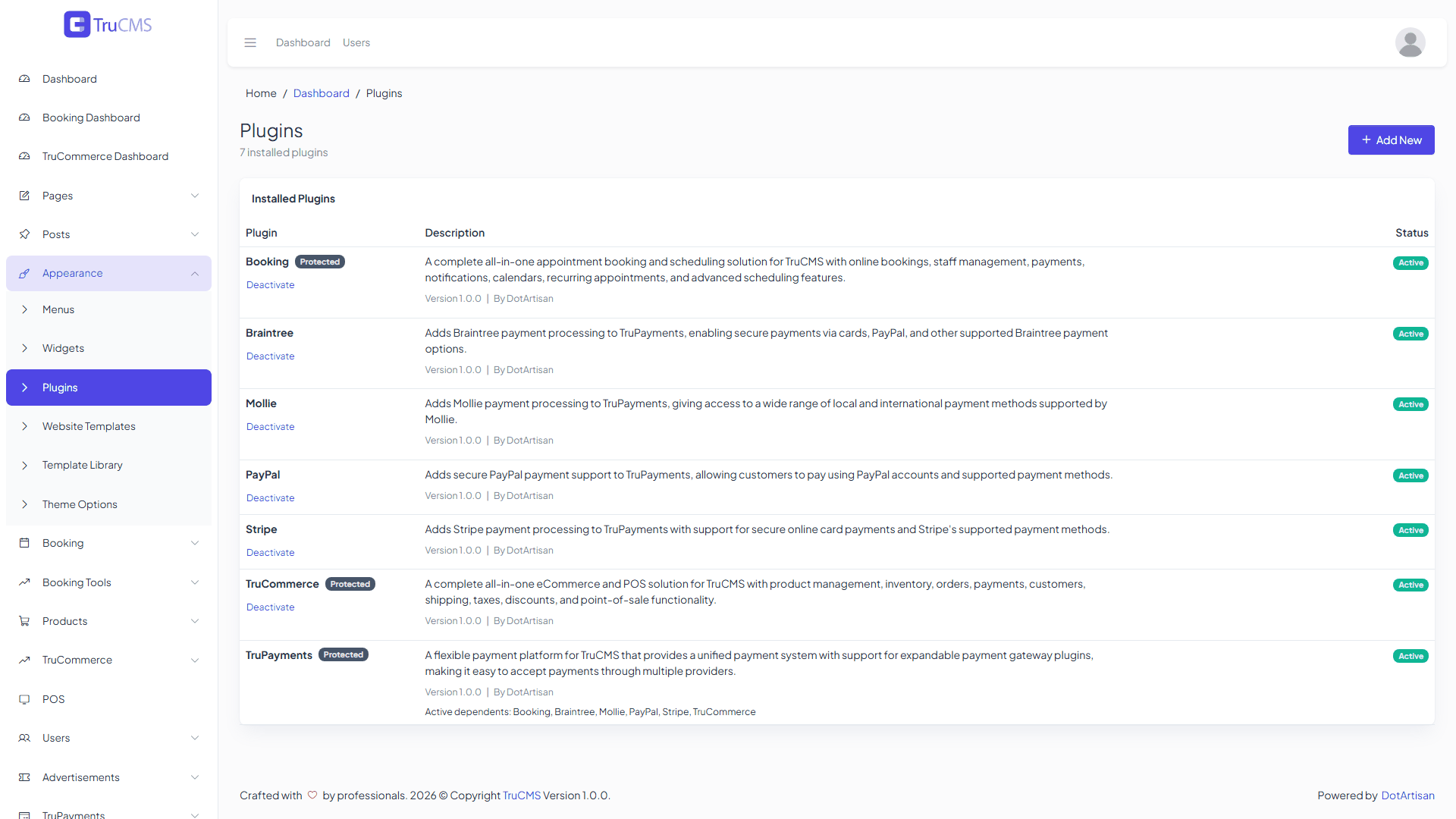 TruCMS Plugin Manager showing installed plugins