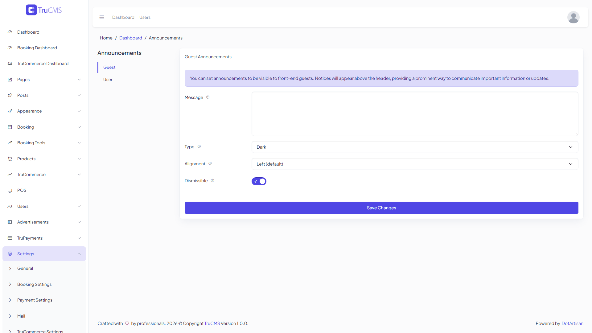 Announcements settings page in TruCMS