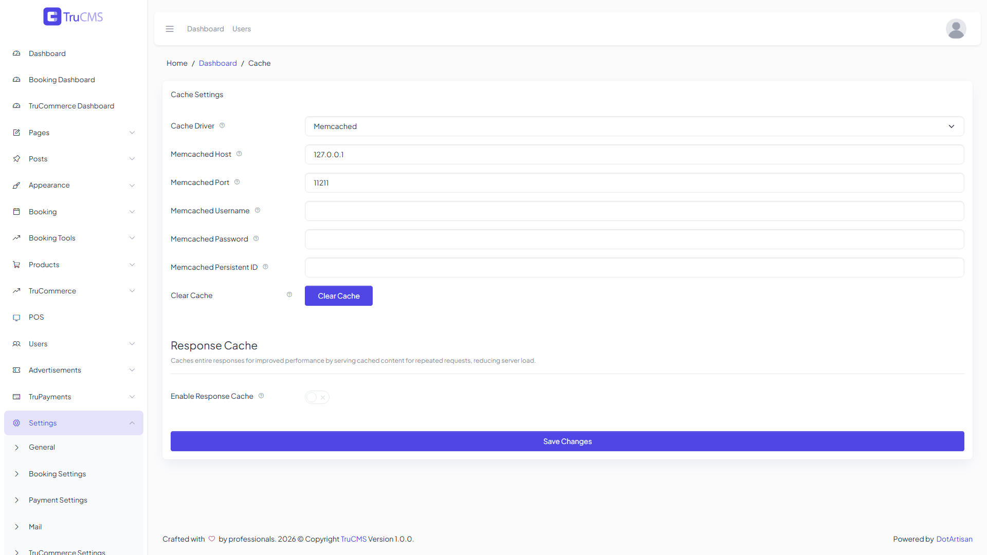 Memcached cache configuration fields in TruCMS