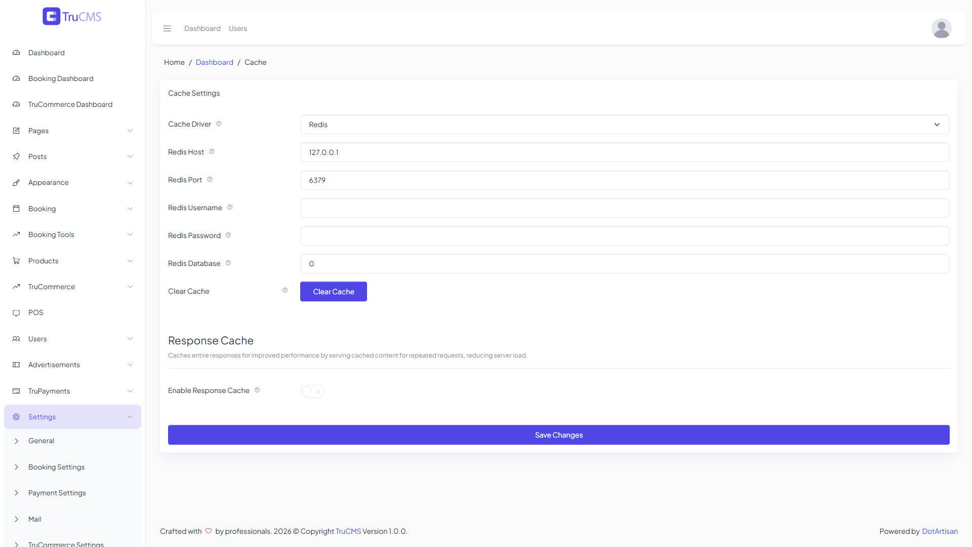 Redis cache configuration fields in TruCMS