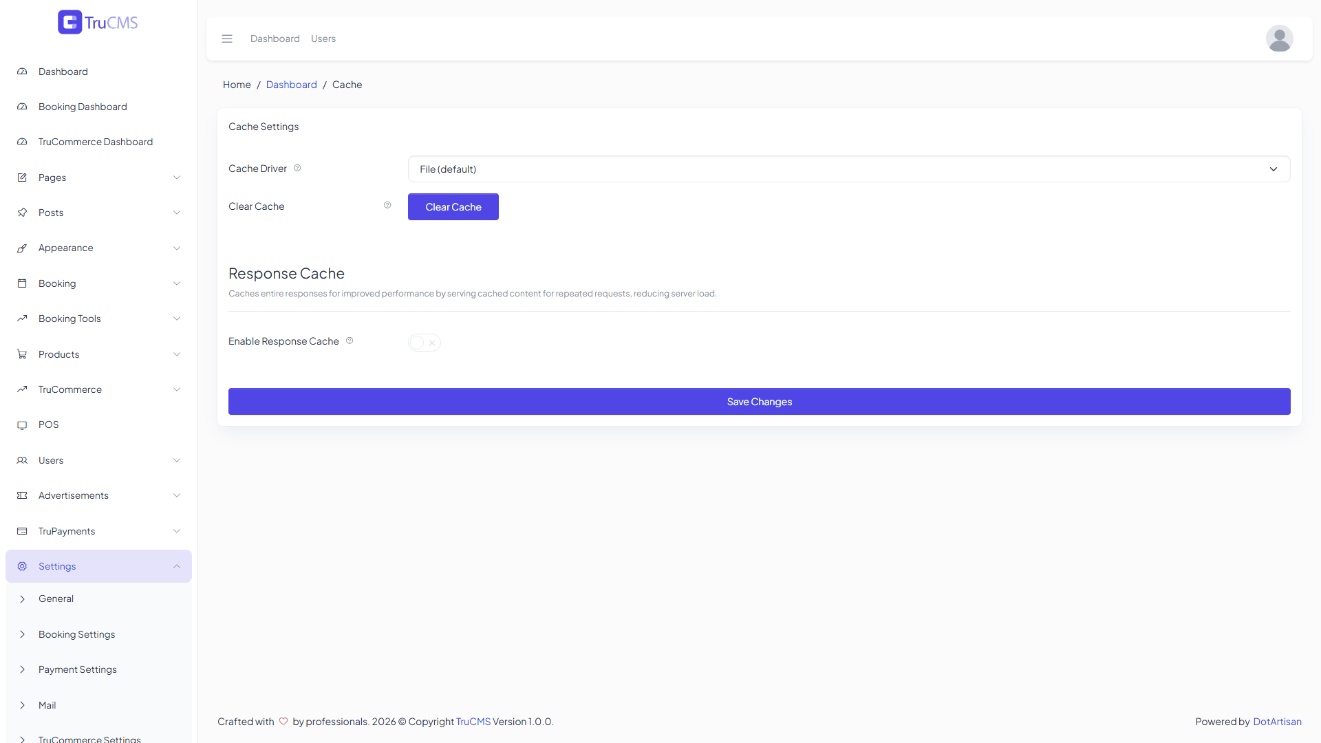 Cache settings page in TruCMS