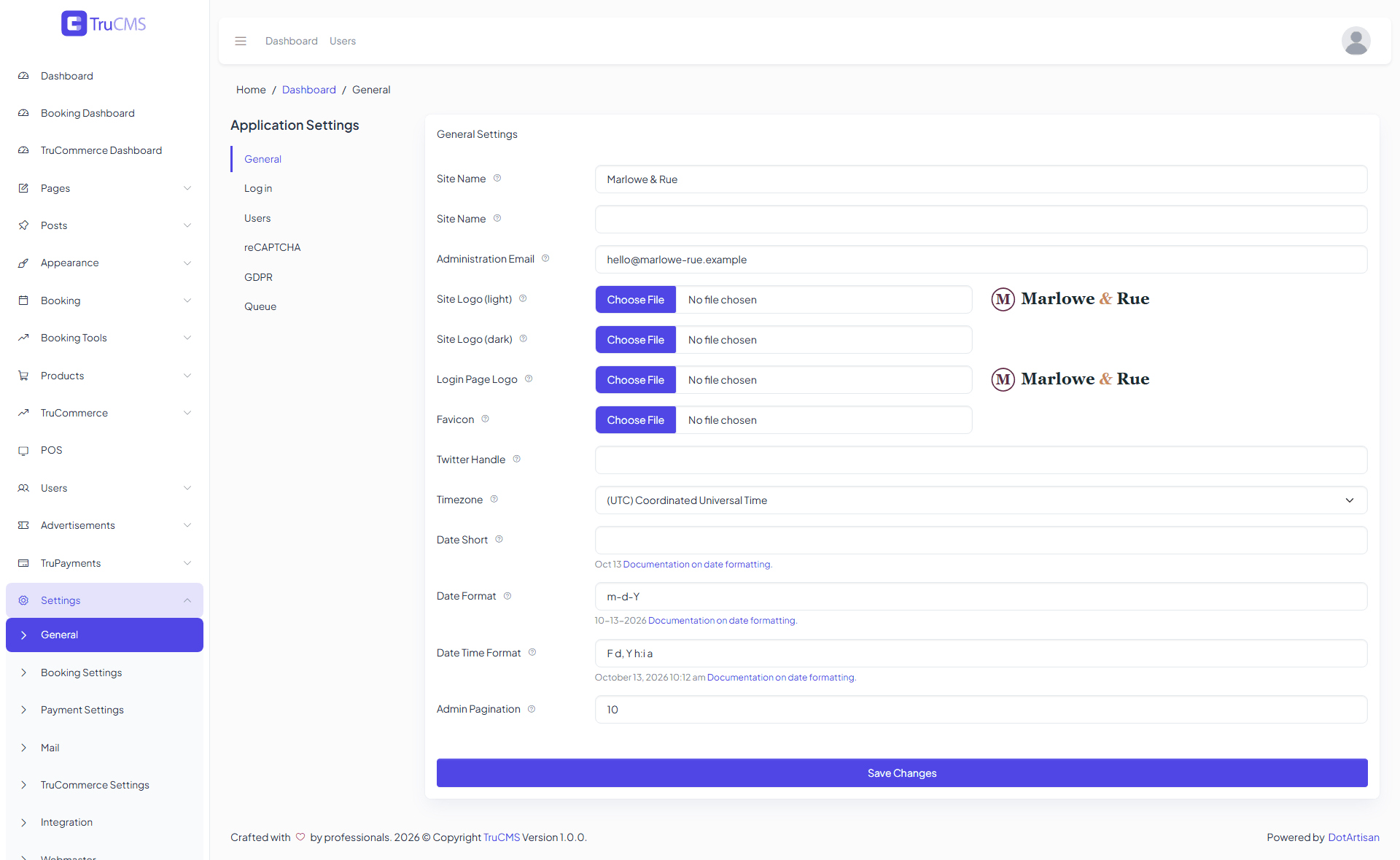General application settings in TruCMS