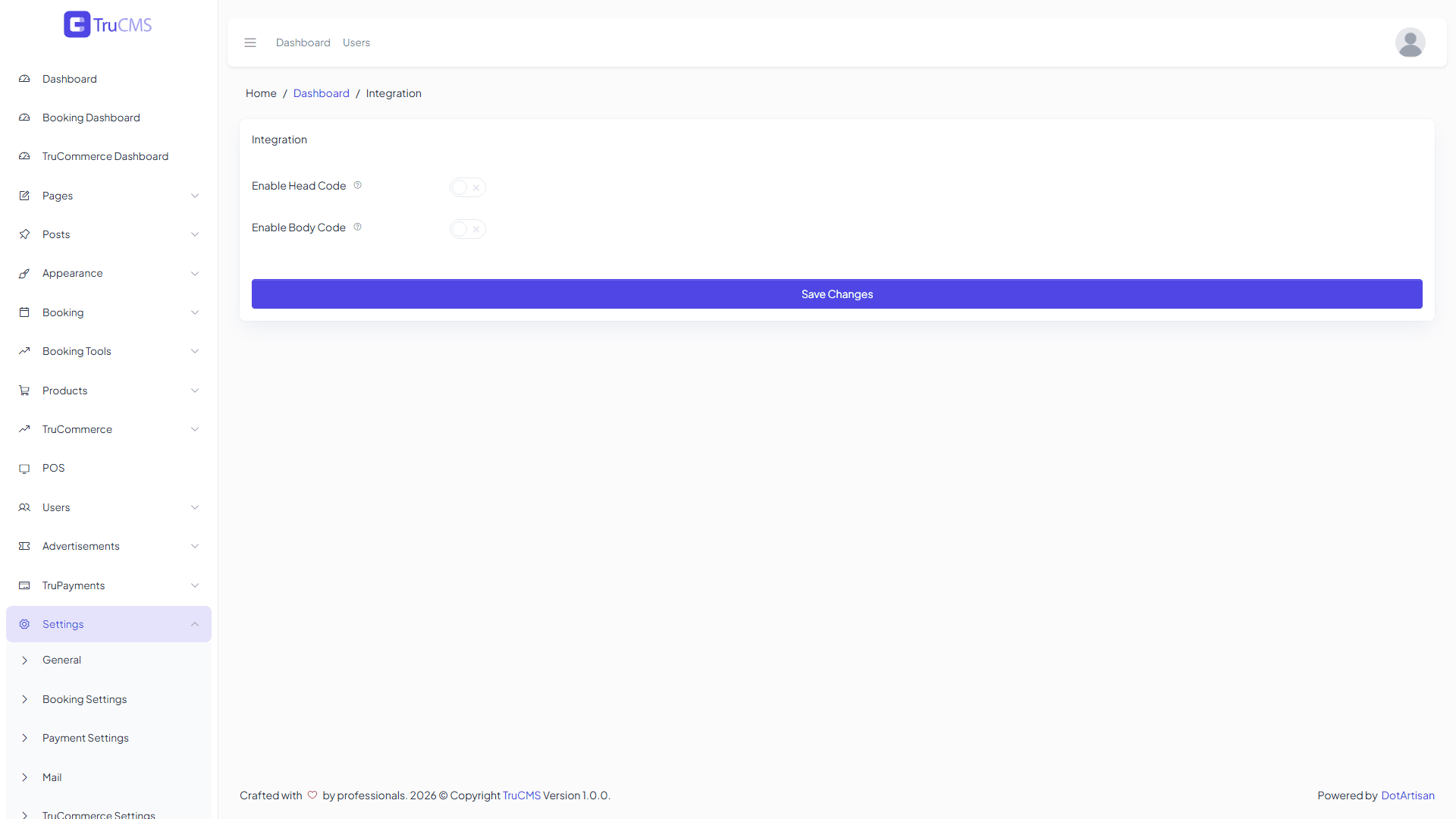 Integration settings page in TruCMS