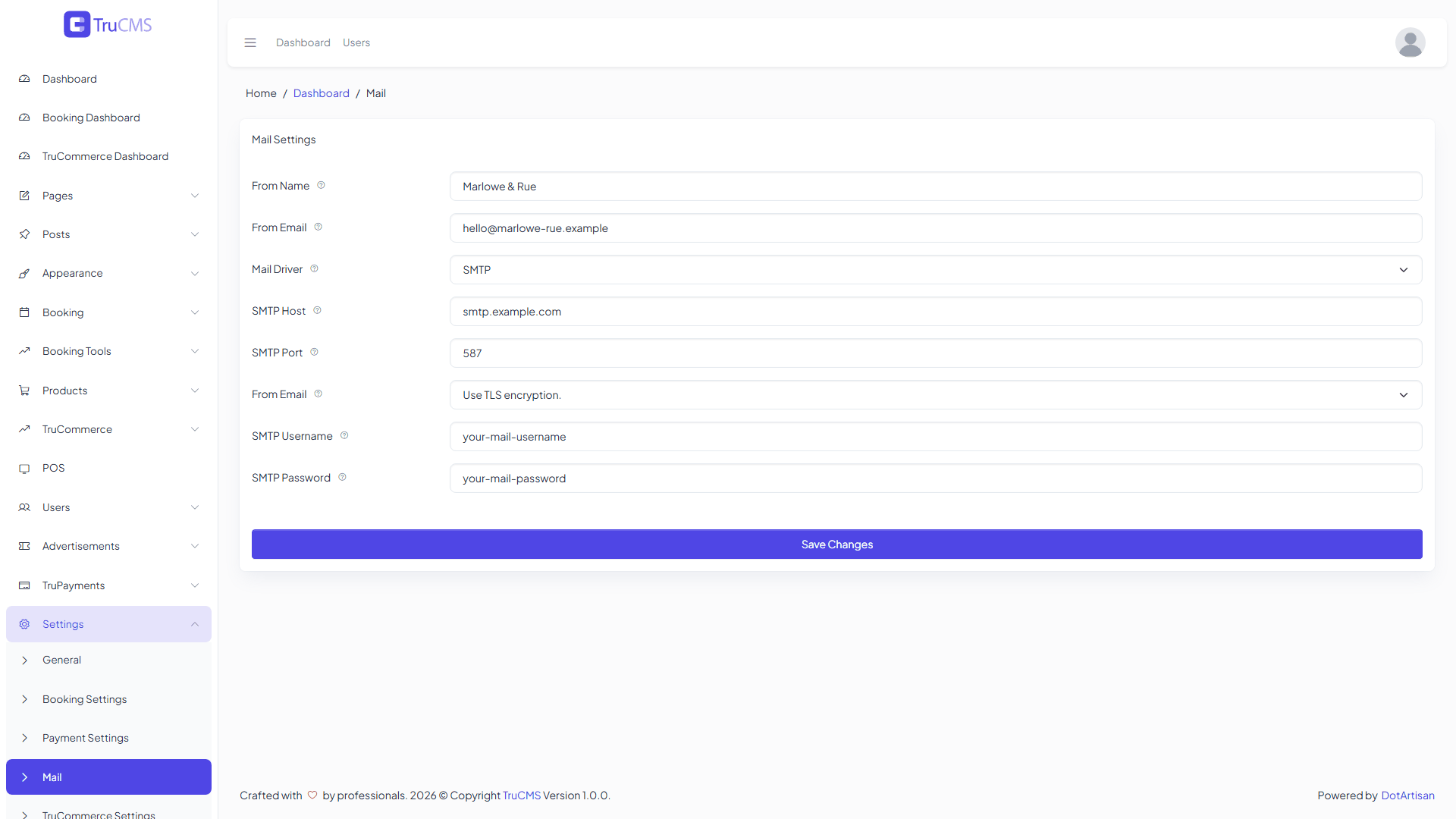 SMTP-specific mail settings in TruCMS with sensitive values hidden