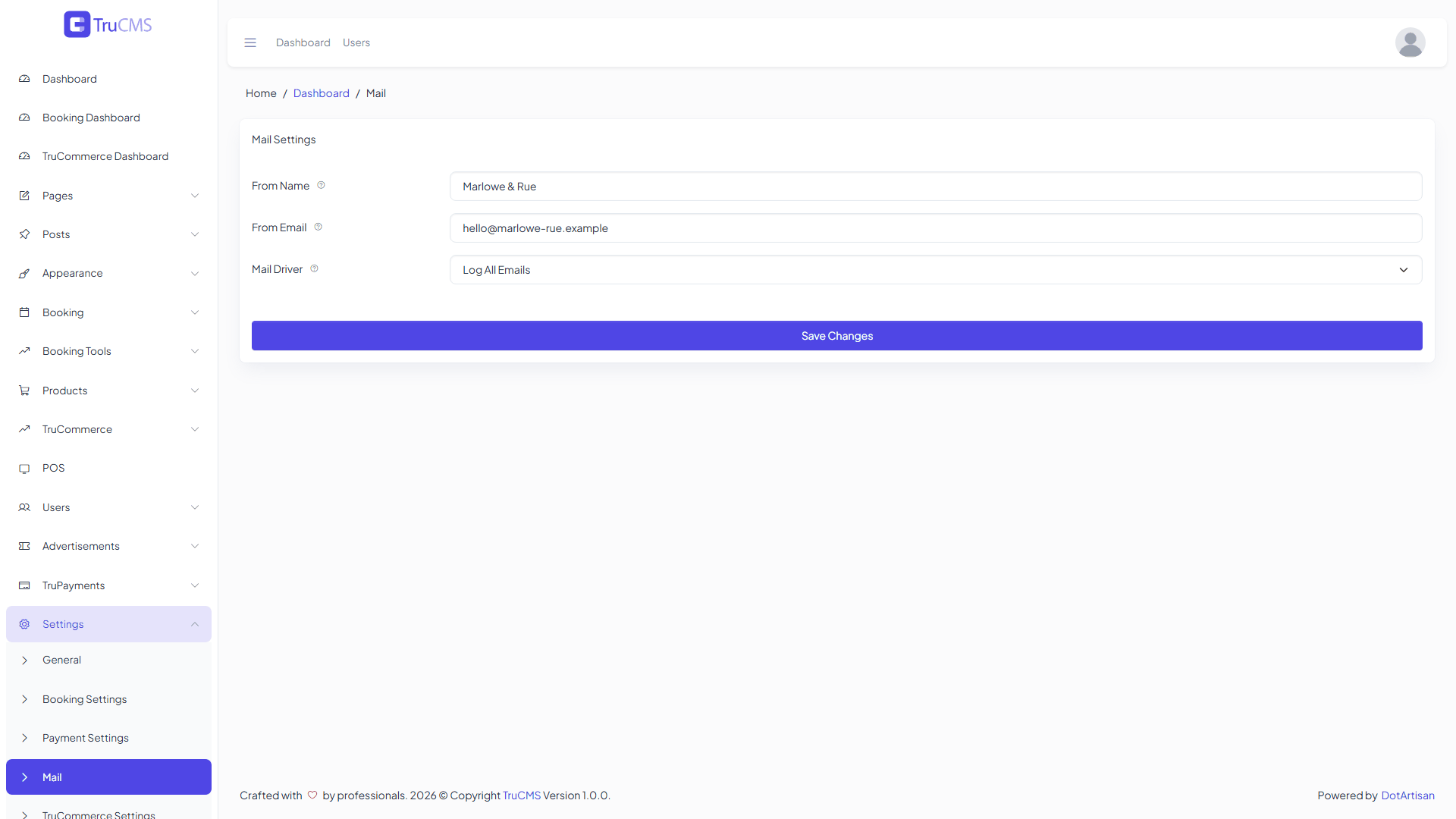 Mail settings page in TruCMS