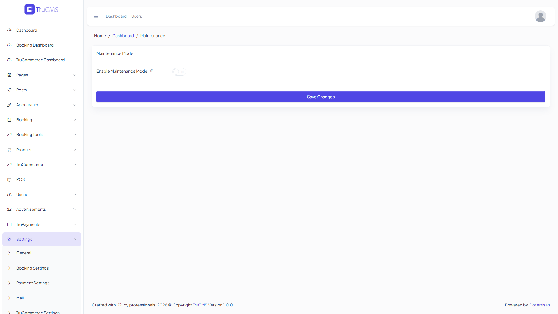 Maintenance settings page in TruCMS