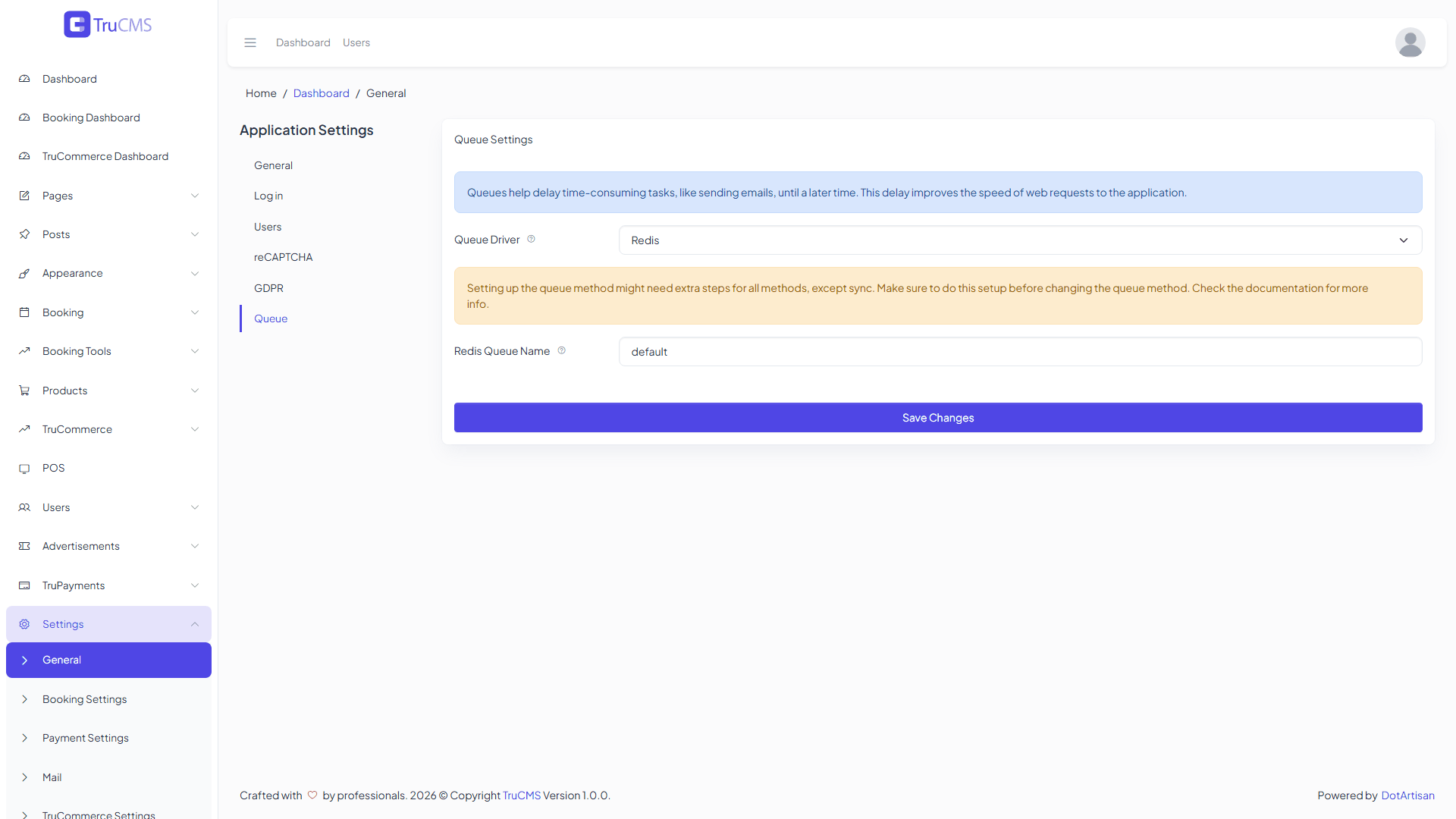 Redis queue configuration fields in TruCMS