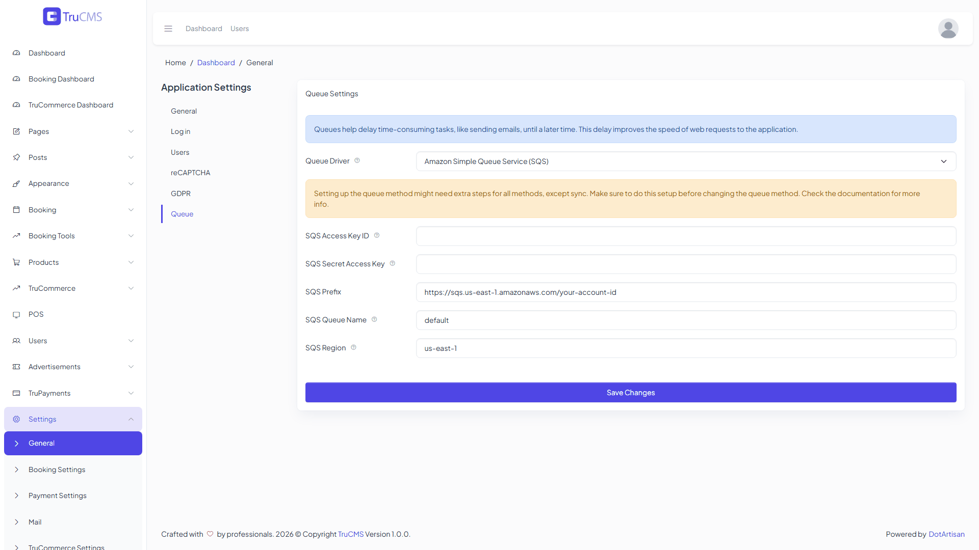 Amazon SQS queue configuration fields in TruCMS with credentials blanked