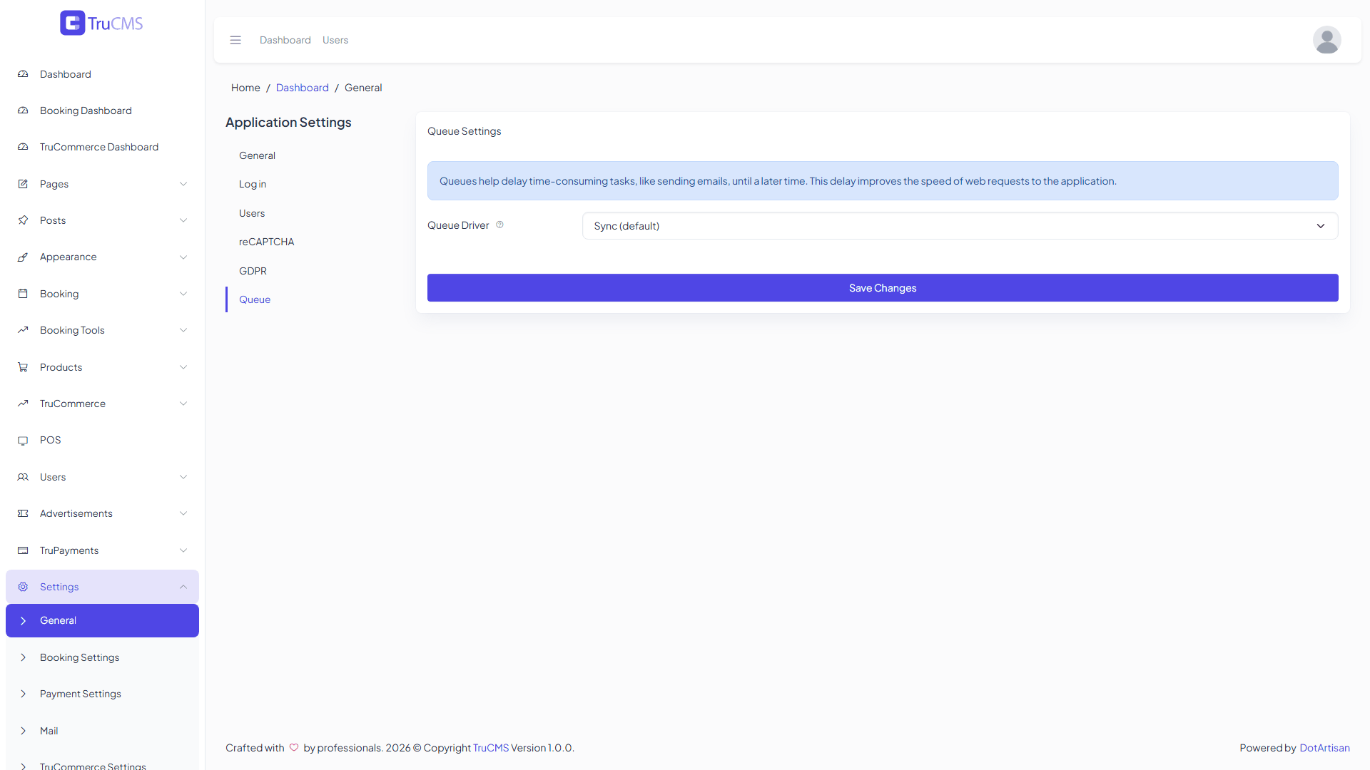 Queue settings tab in TruCMS with the Queue Driver selector