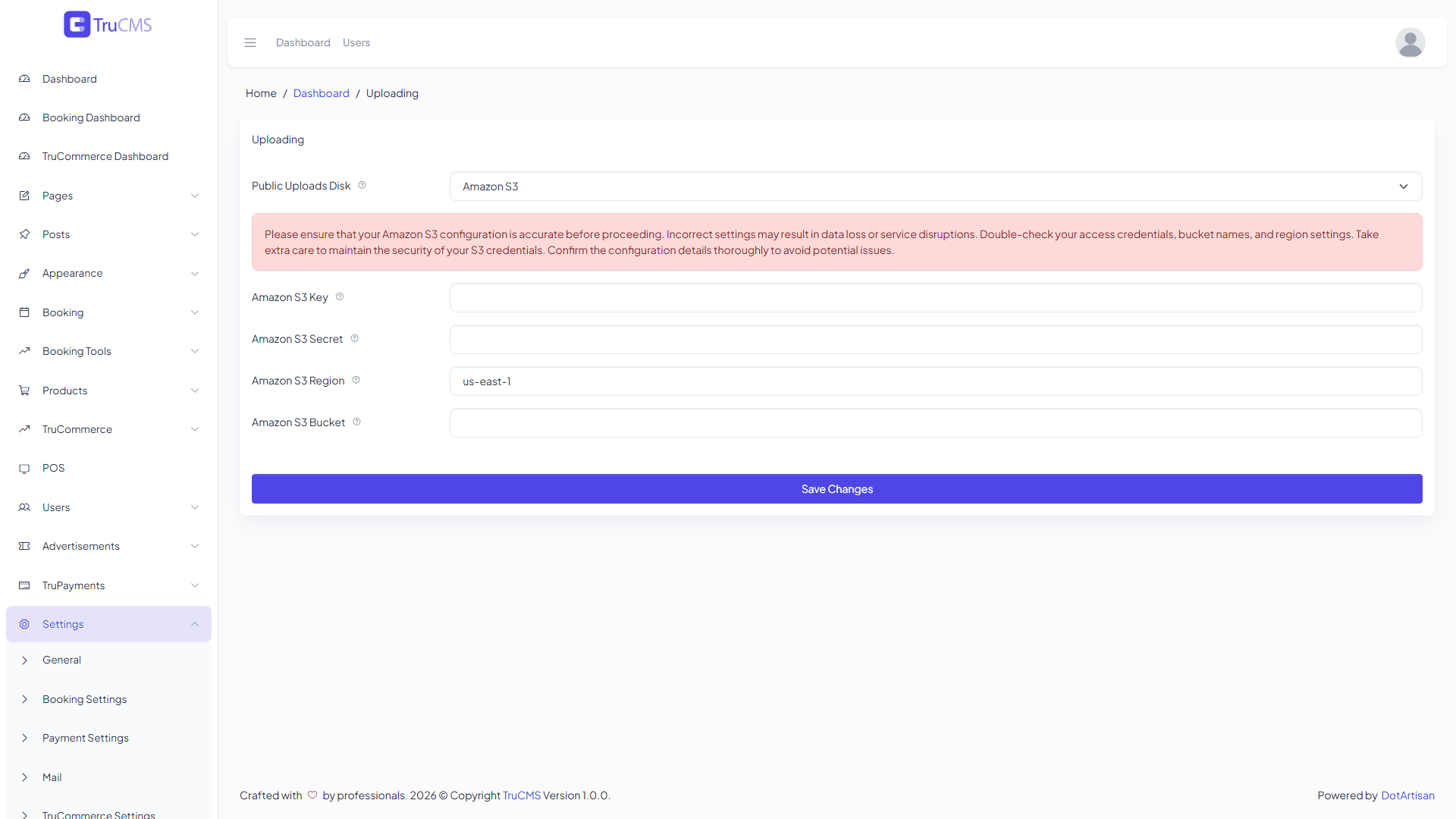 Amazon S3 upload configuration in TruCMS with credentials hidden