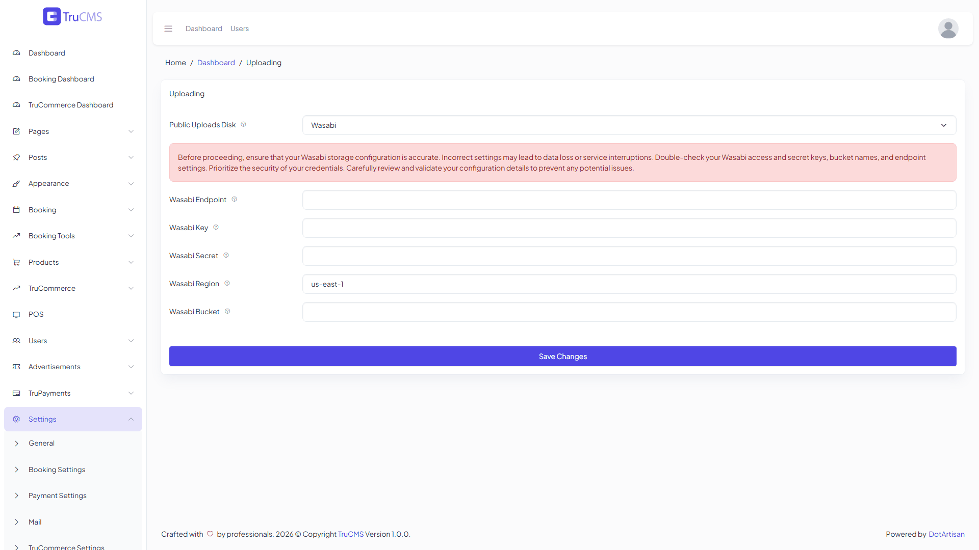 Wasabi upload configuration in TruCMS with credentials hidden