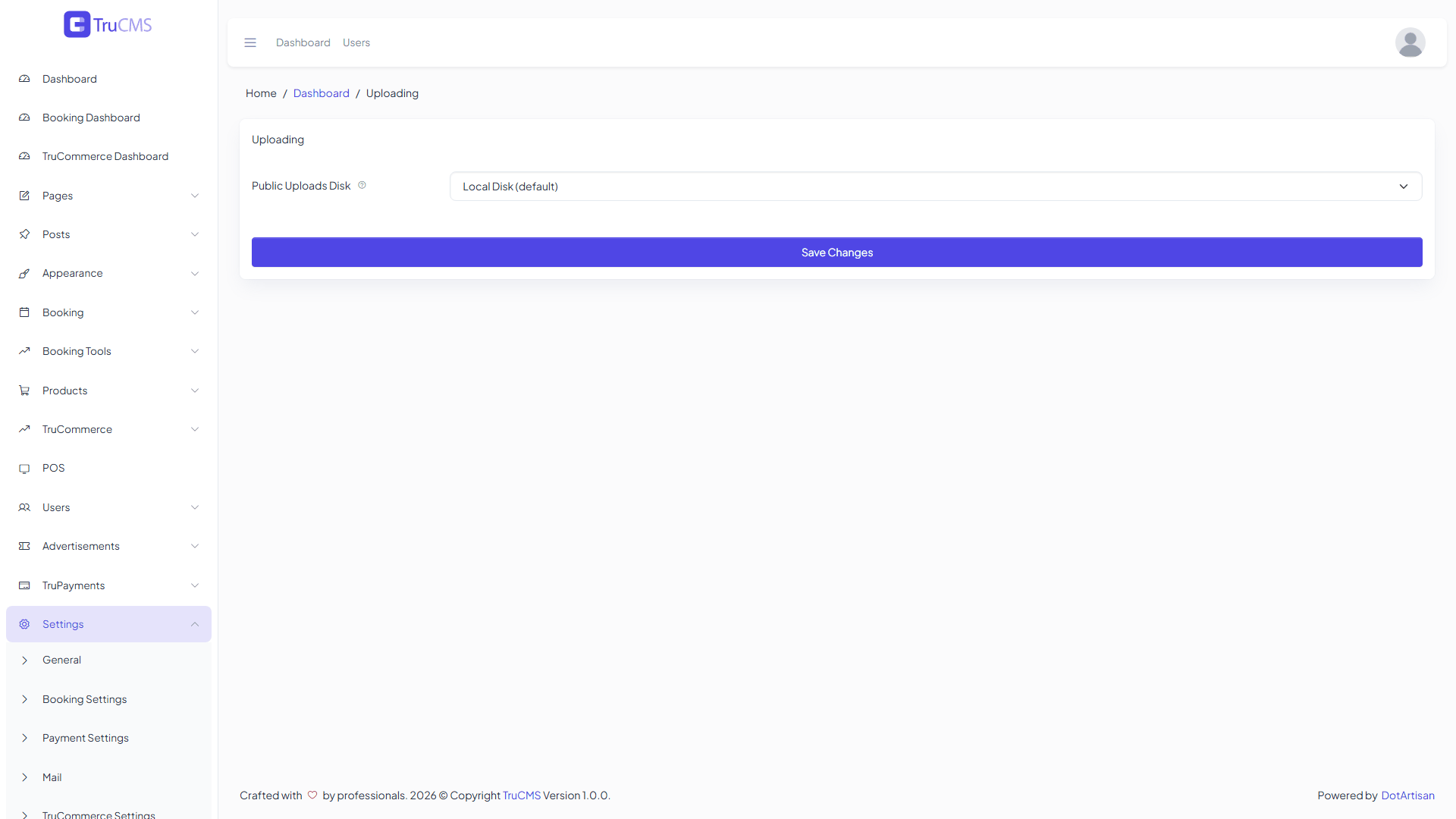 Uploading settings page in TruCMS