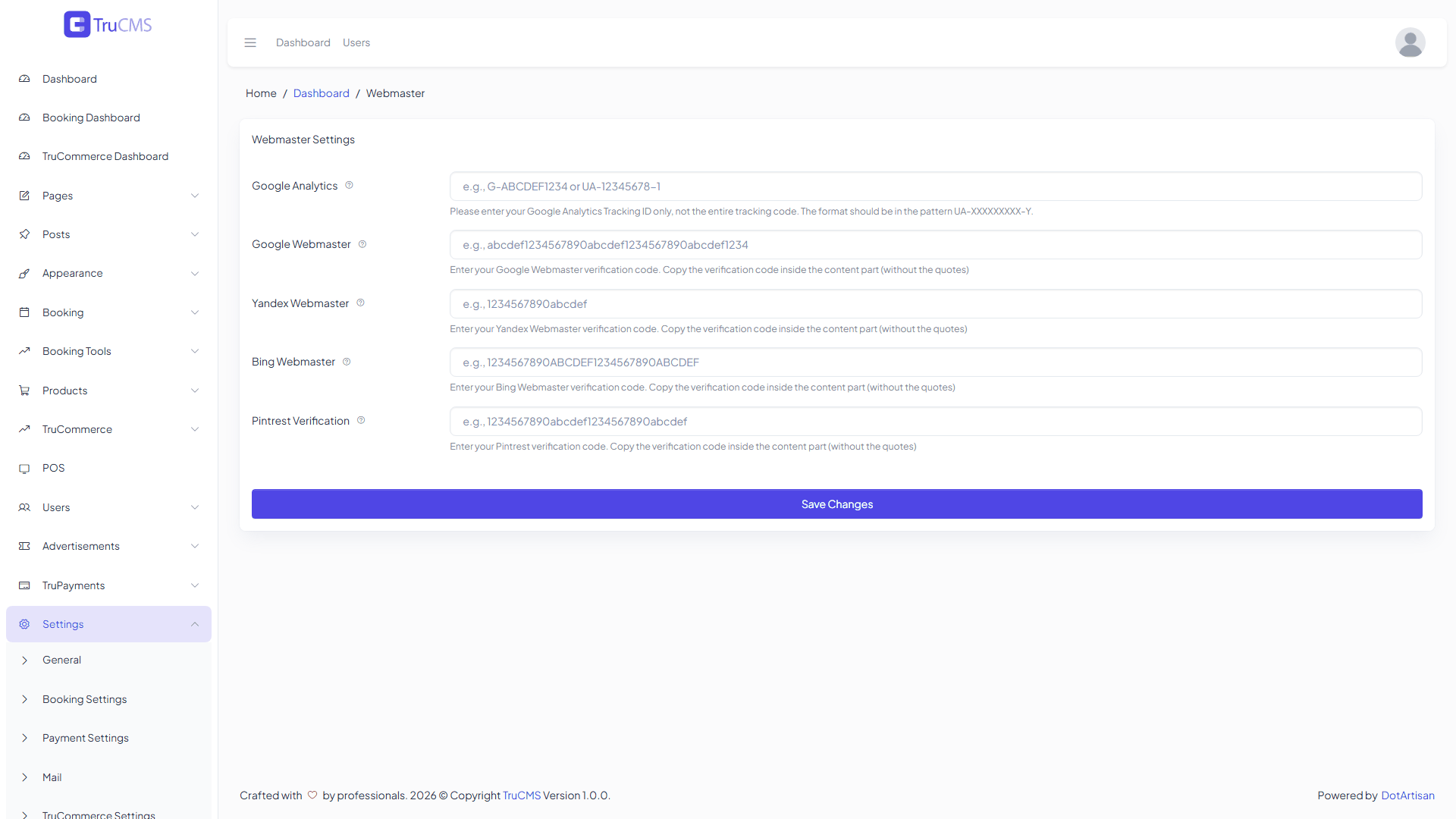 Webmaster settings page in TruCMS