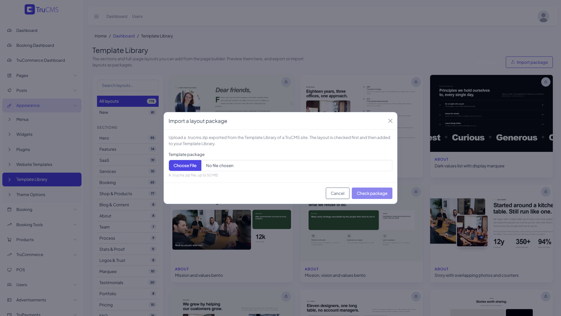 Import a layout package dialog on the Template Library screen