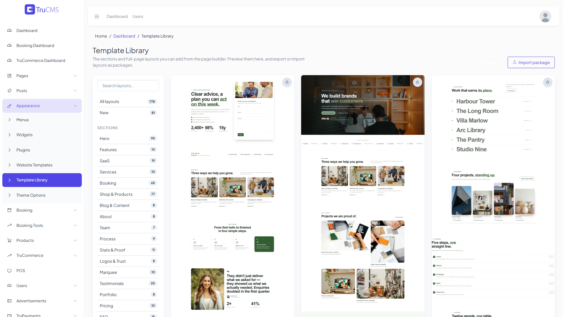 Template Library filtered to the Home Pages full-page category