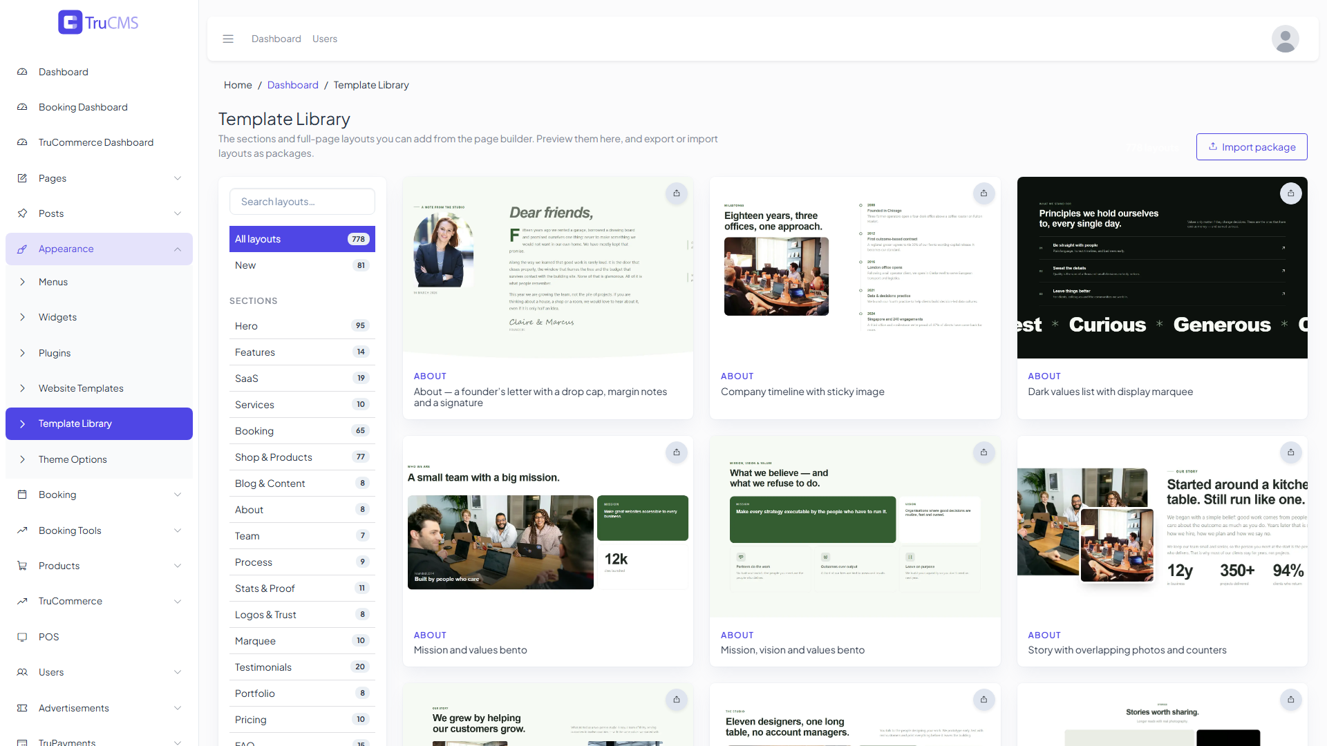 Template Library screen with category sidebar and layout cards