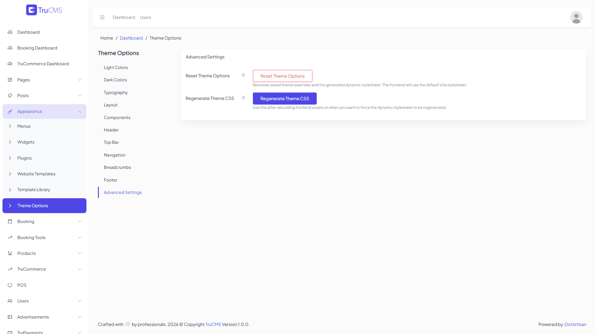 Advanced Settings tab with Reset Theme Options and Regenerate Theme CSS