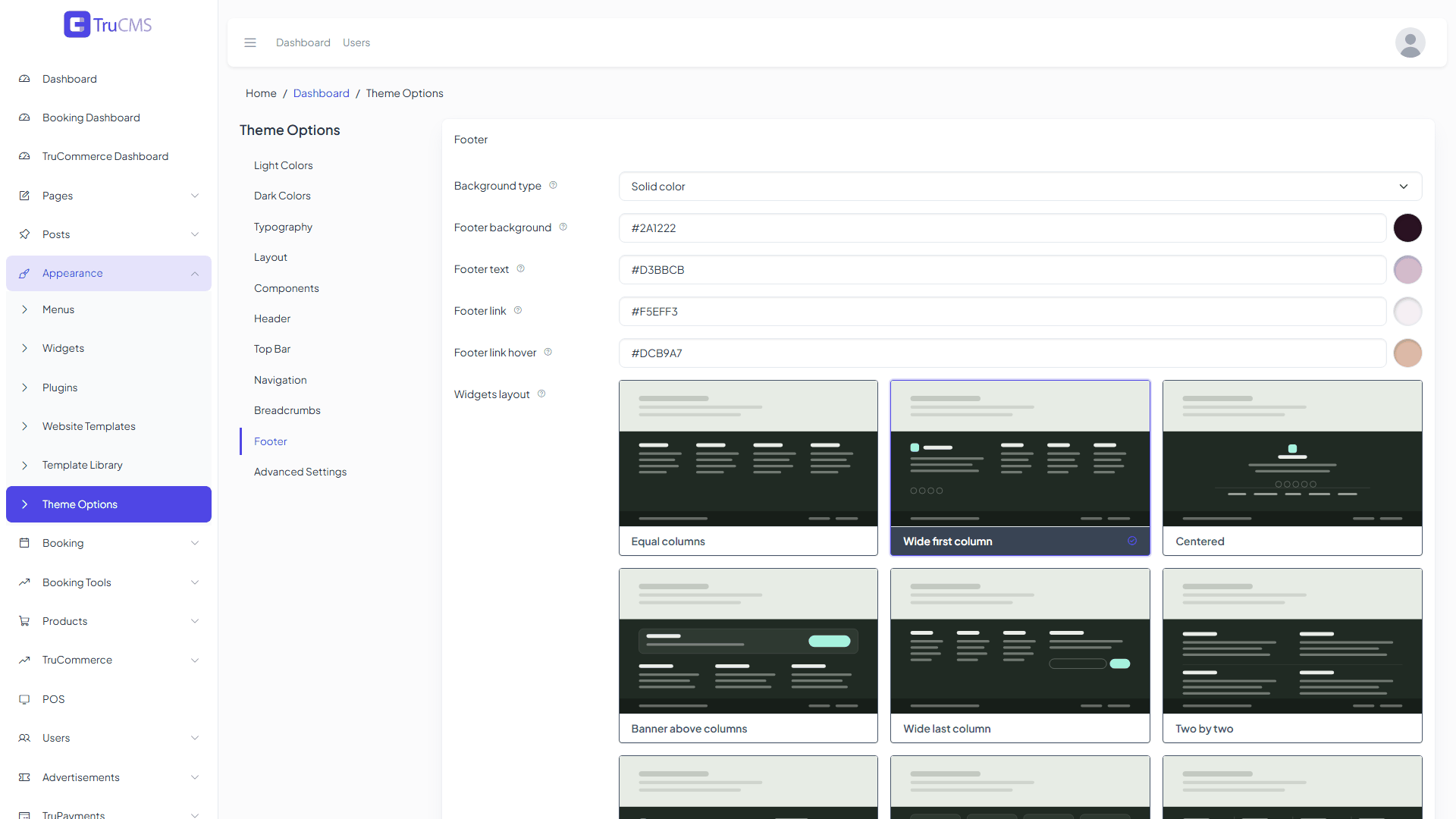 Footer tab of Theme Options with layout previews