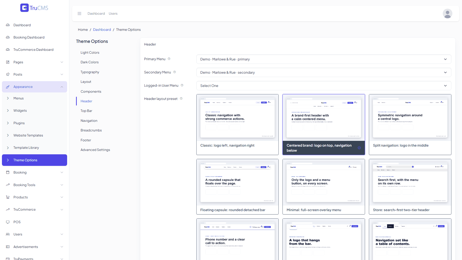 Header tab of Theme Options with the header layout presets