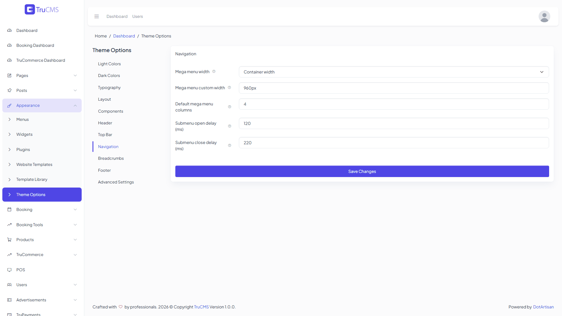 Navigation tab of Theme Options