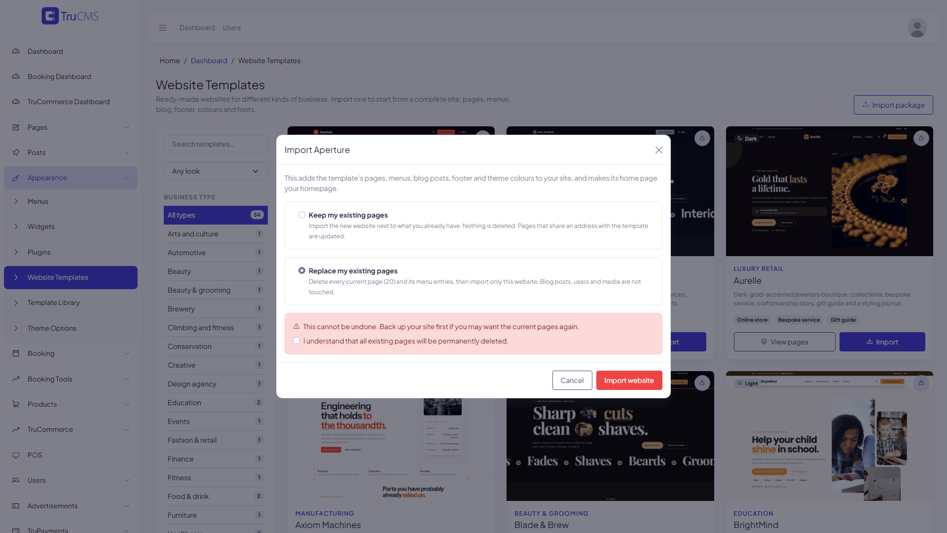 Import window with Replace my existing pages selected and the confirmation checkbox