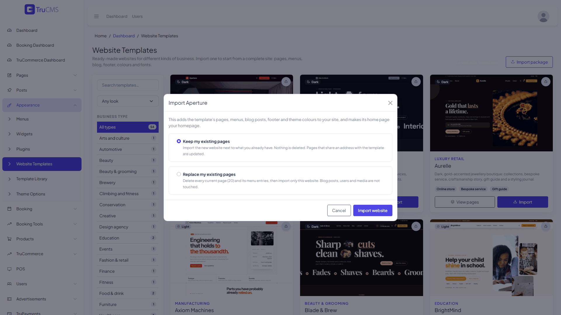 Import window with the Keep my existing pages option selected