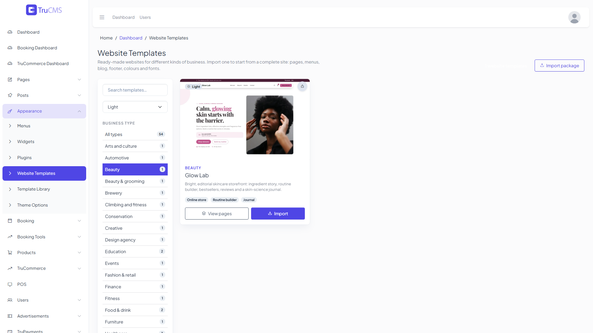 Website Templates filtered by business type and light look