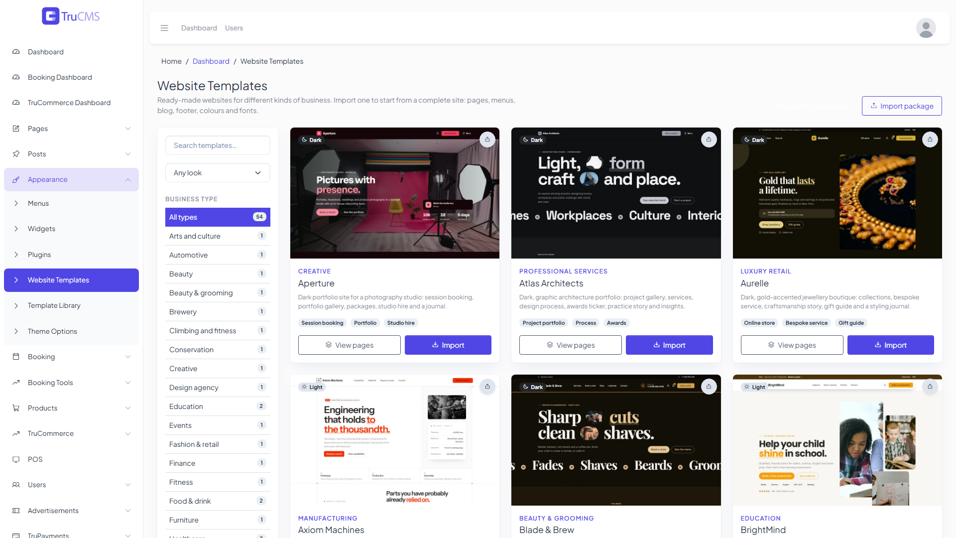 Website Templates screen showing the filter sidebar and a grid of template cards