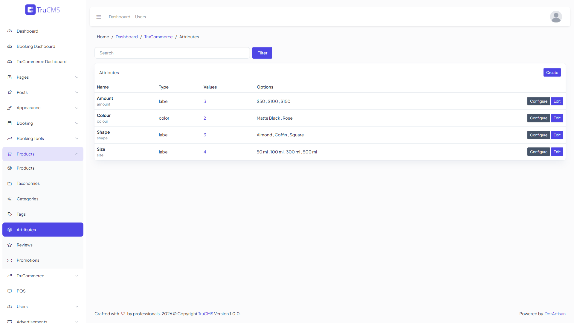 TruCommerce product attributes list