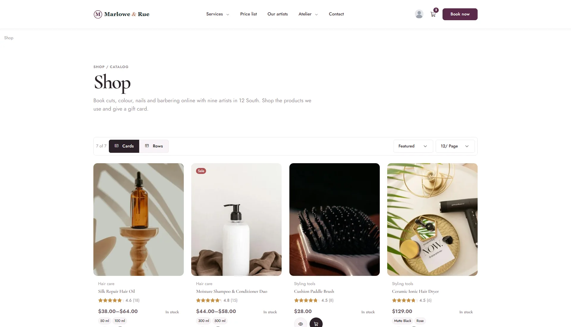 The shop page design: Luminous Gallery