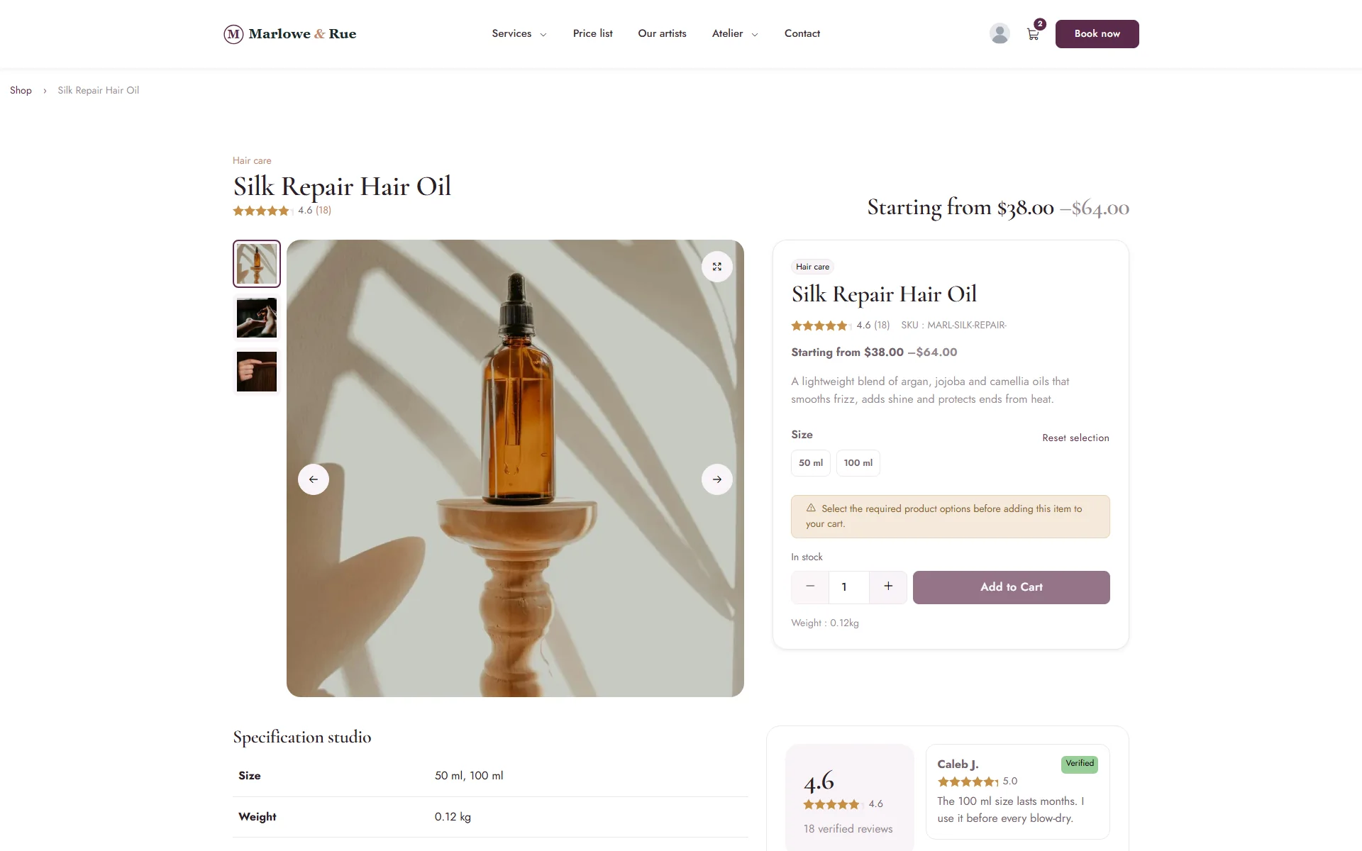 The page of one product design: Specification Studio