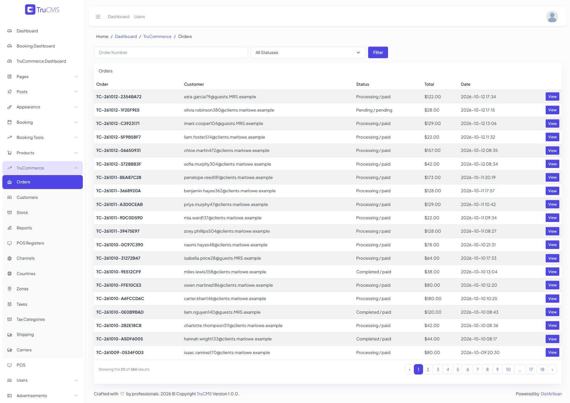 TruCommerce orders list